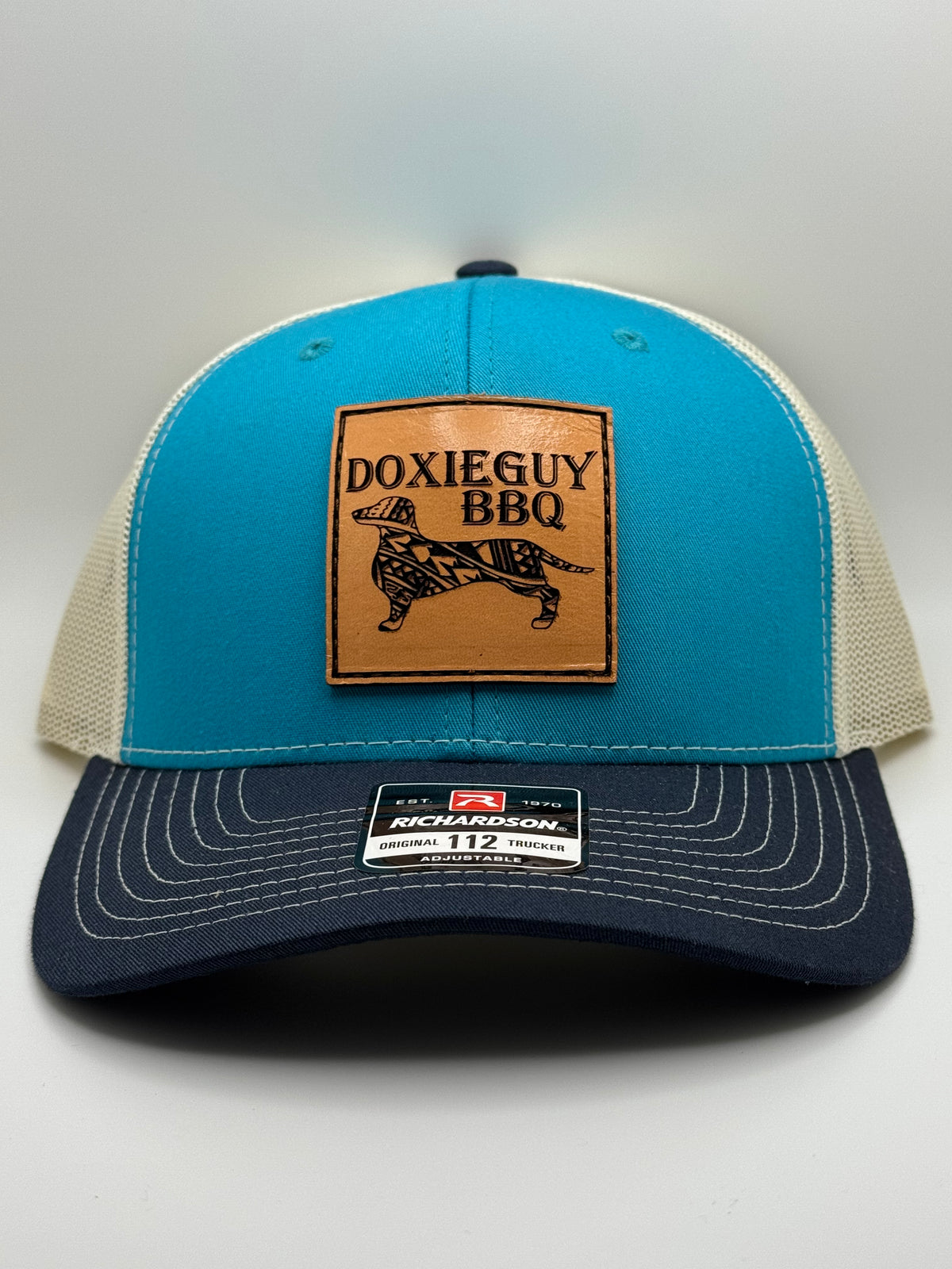 DoxieGuy BBQ Leather Patch Richardson 112 Trucker Cap Teal/Khaki/Navy