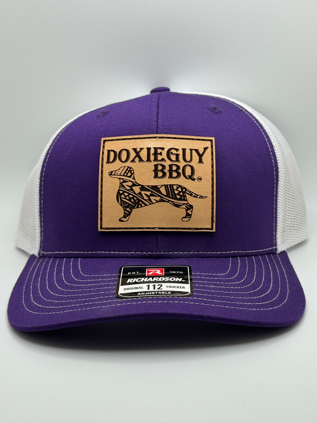 DoxieGuy BBQ Leather Patch Richardson 112 Trucker Cap Purple/White