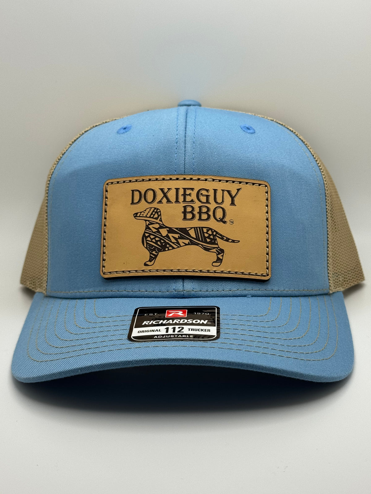 DoxieGuy BBQ Leather Patch Richardson 112 Trucker Cap Columbia Blue/Khaki