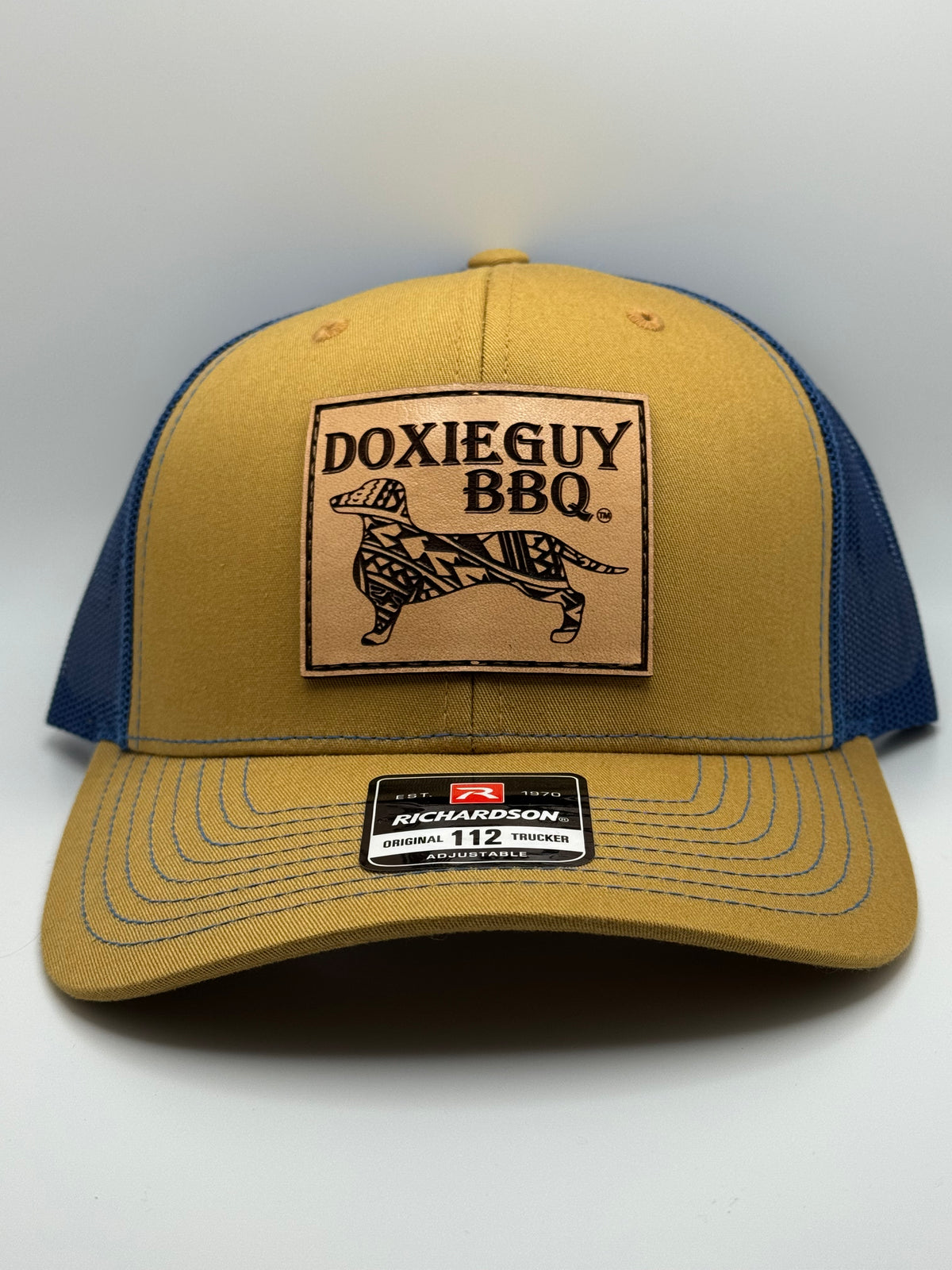 DoxieGuy BBQ Leather Patch Richardson 112 Trucker Cap Biscuit/True Blue