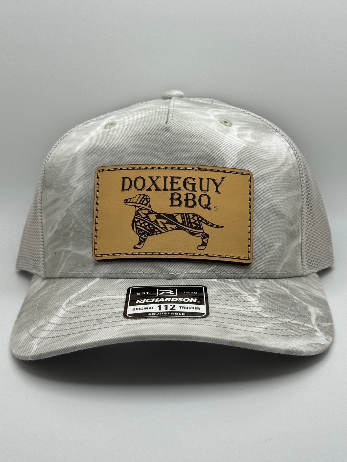 DoxieGuy BBQ Leather Patch Richardson 112 Trucker Cap Mossy Oak Elements Bonefish/Light Gray