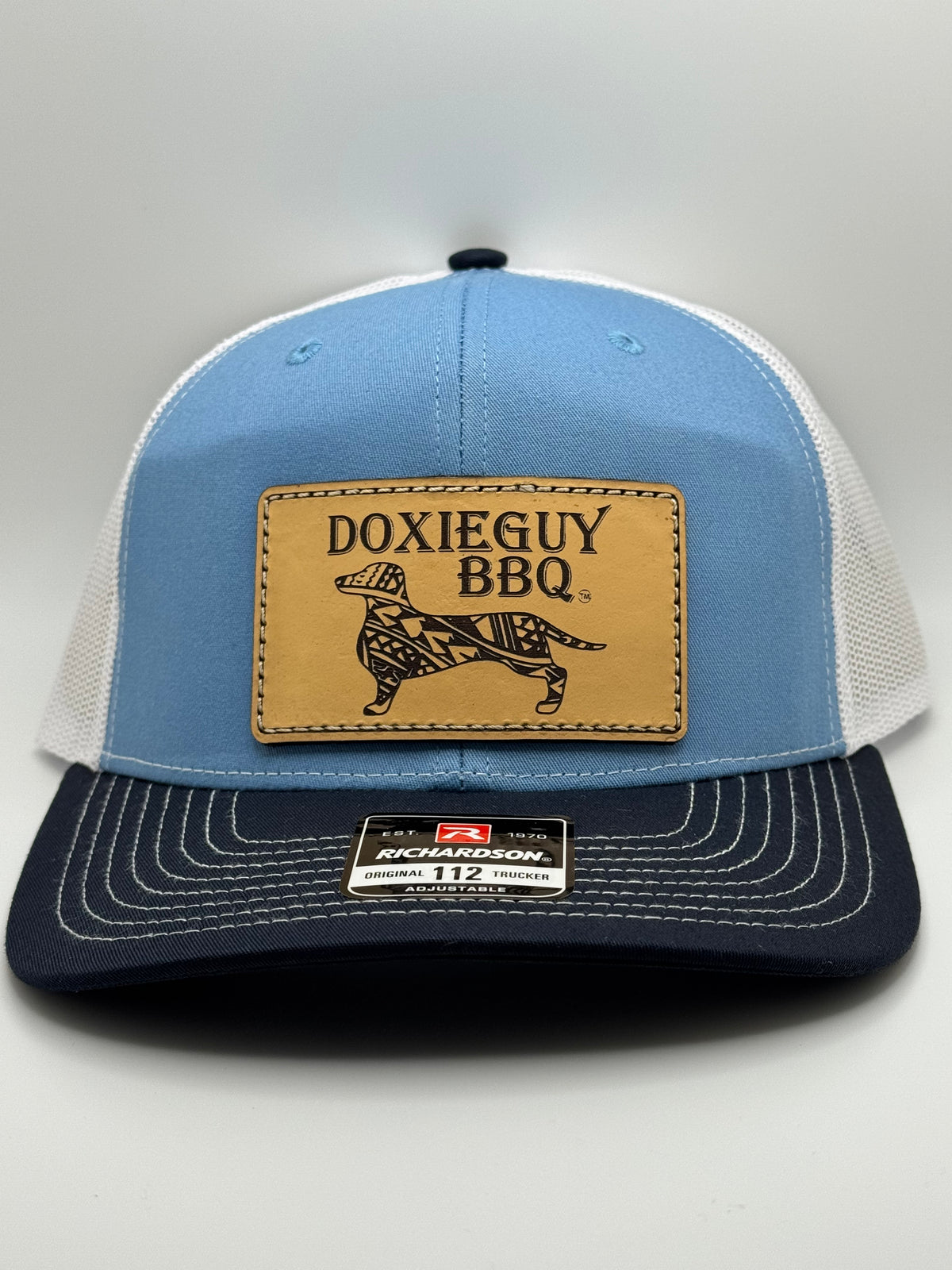 DoxieGuy BBQ Leather Patch Richardson 112 Trucker Cap Columbia Blue/White/Navy