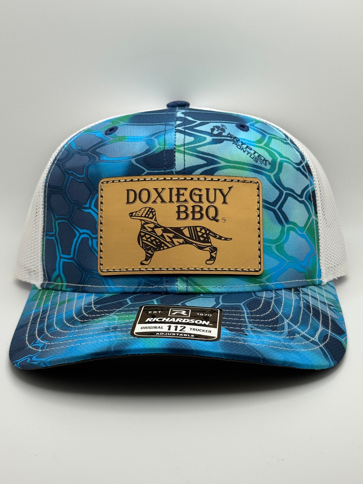 DoxieGuy BBQ Leather Patch Richardson 112 Trucker Cap Kryptek Pontus/White