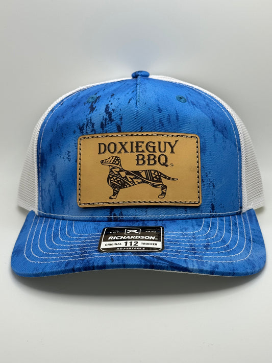 DoxieGuy BBQ Leather Patch Richardson 112 Trucker Cap Realtree Fishing Blue/White