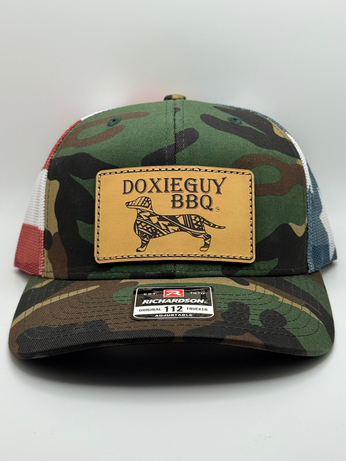 DoxieGuy BBQ Leather Patch Richardson 112 Trucker Cap Green Camo/Stars and Stripes