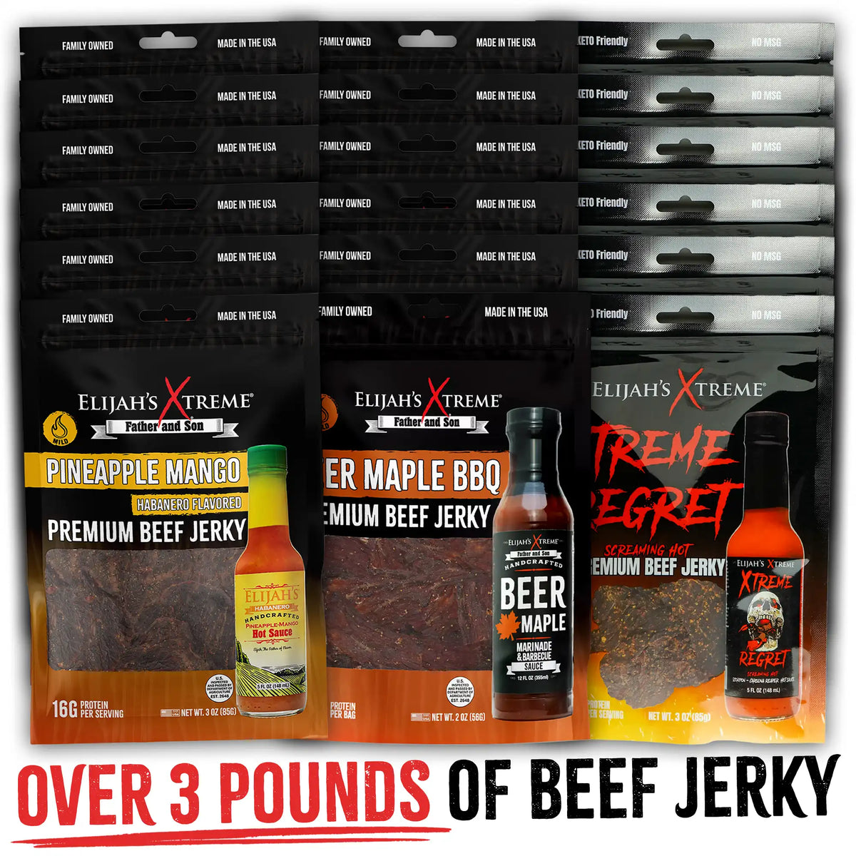 Elijah’s Xtreme Beef Jerky Bulk Trio - 6 bags of Each Flavor, 18 bags total (3lbs)
