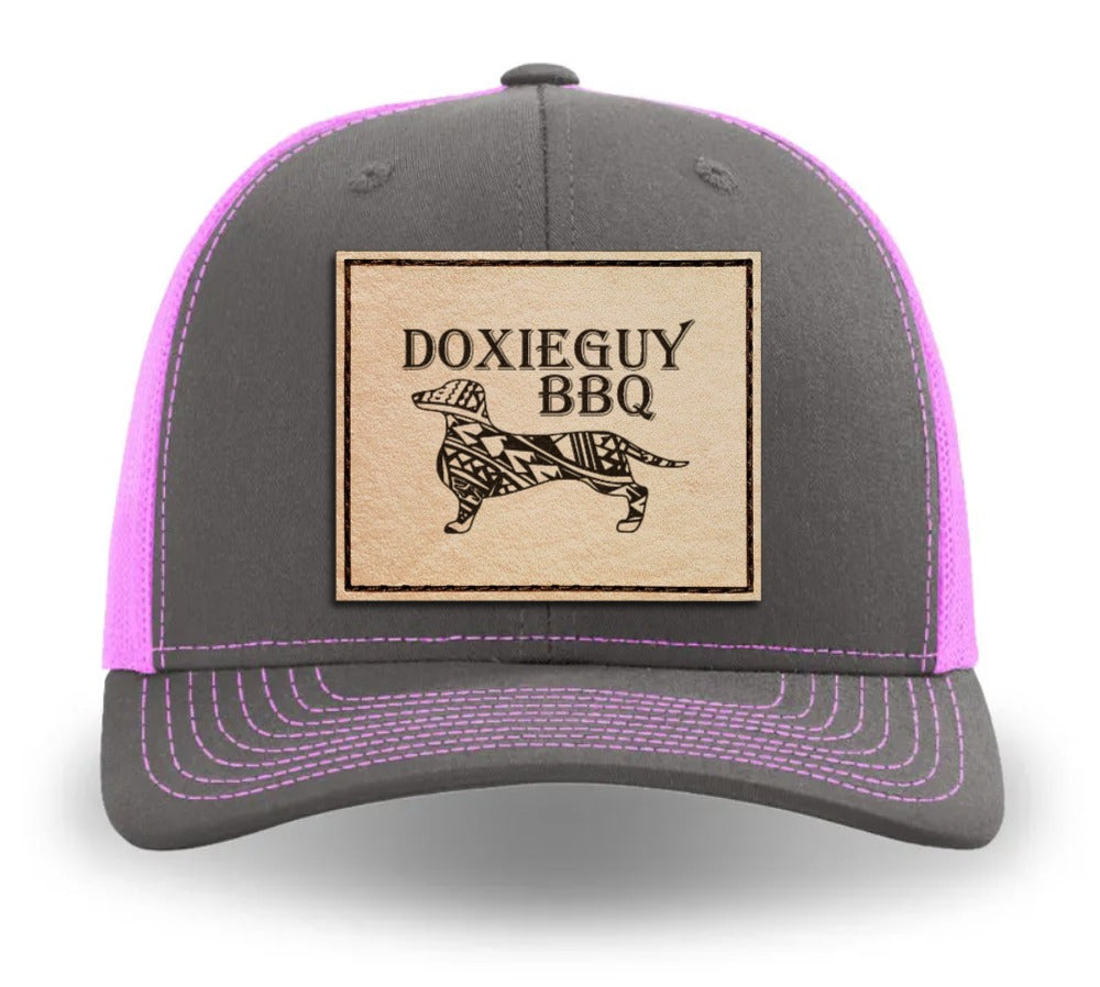 DoxieGuy BBQ Leather Patch Richardson 112 Trucker Cap Charcoal/Neon Pink