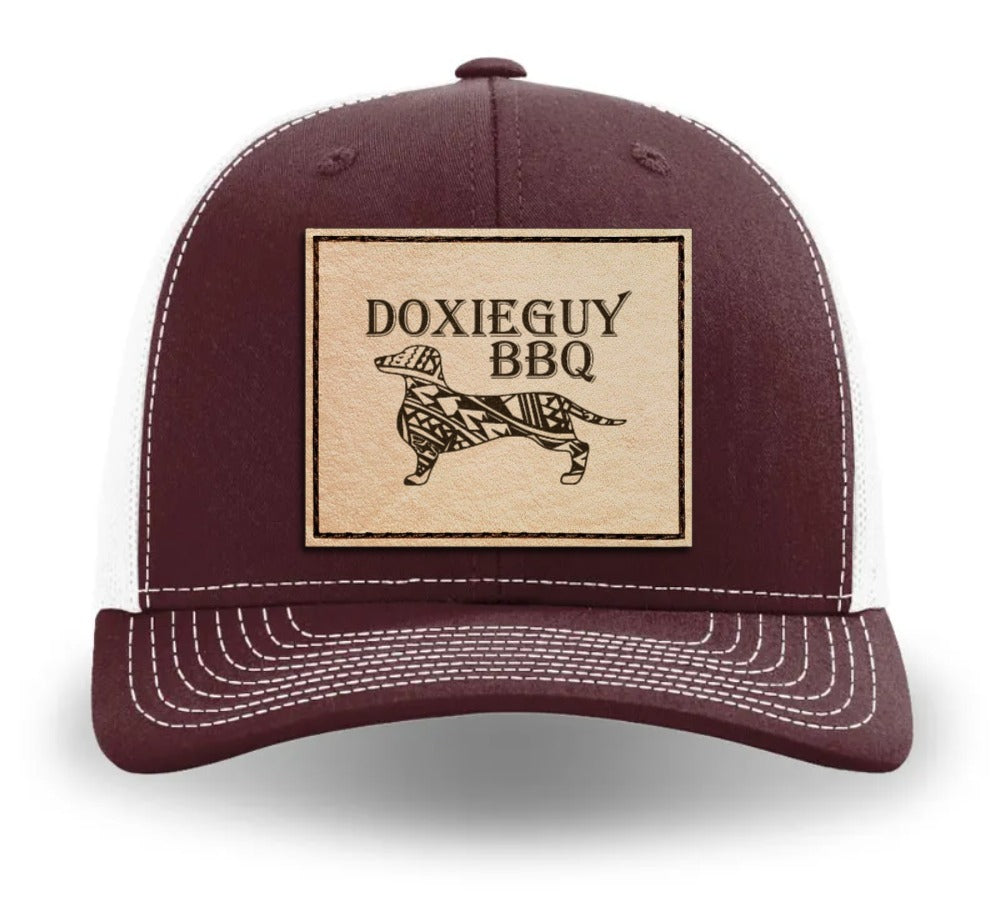 DoxieGuy BBQ Leather Patch Richardson 112 Trucker Cap Maroon/ White