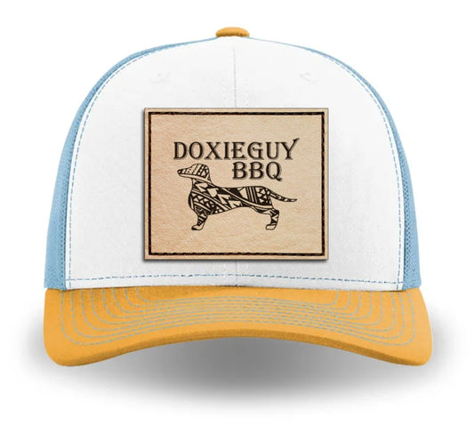 DoxieGuy BBQ Leather Patch Richardson 112 Trucker Cap White/Columbia Blue/Yellow