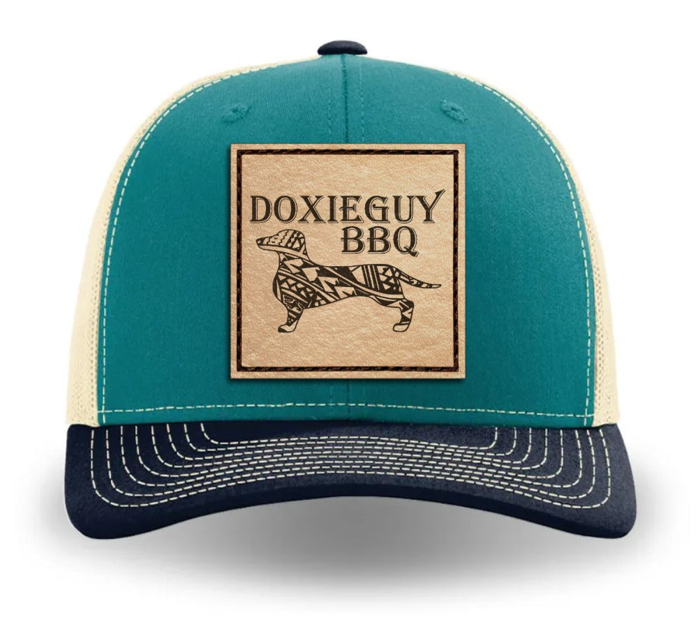 DoxieGuy BBQ Leather Patch Richardson 112 Trucker Cap Blue Teal/Birch/Navy