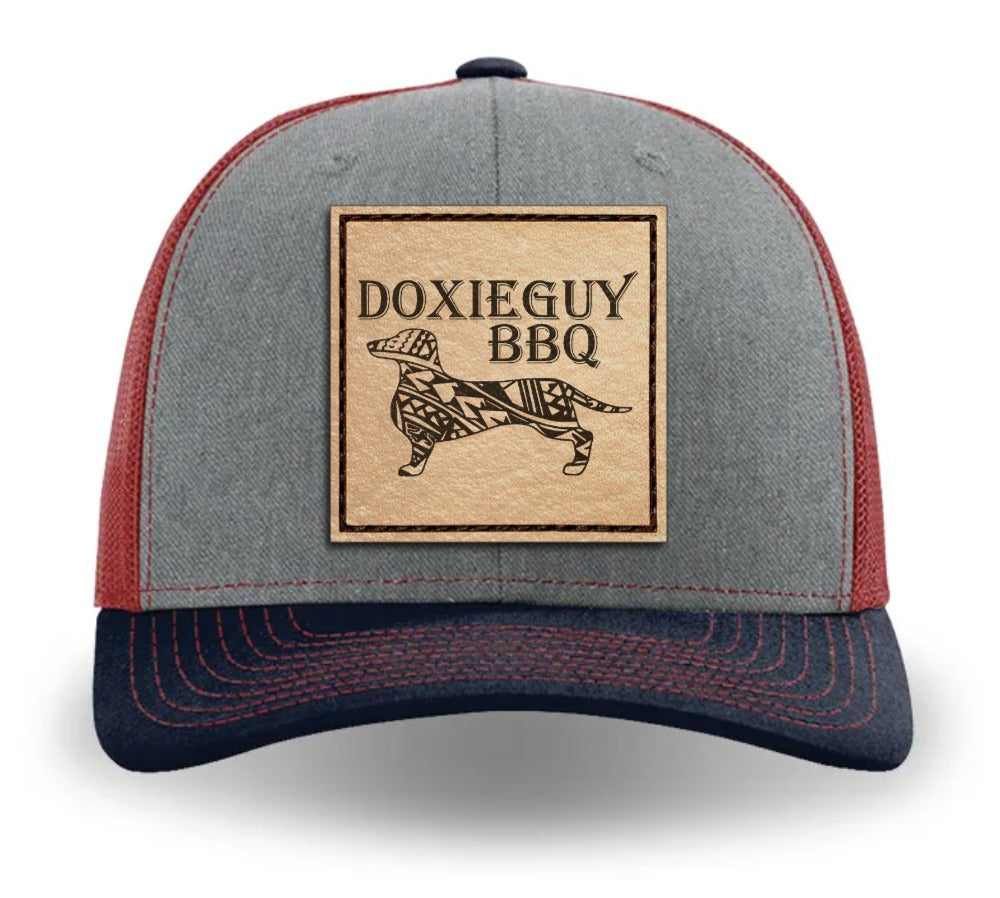 DoxieGuy BBQ Leather Patch Richardson 112 Trucker Cap Heather Gray/Cardinal/Navy